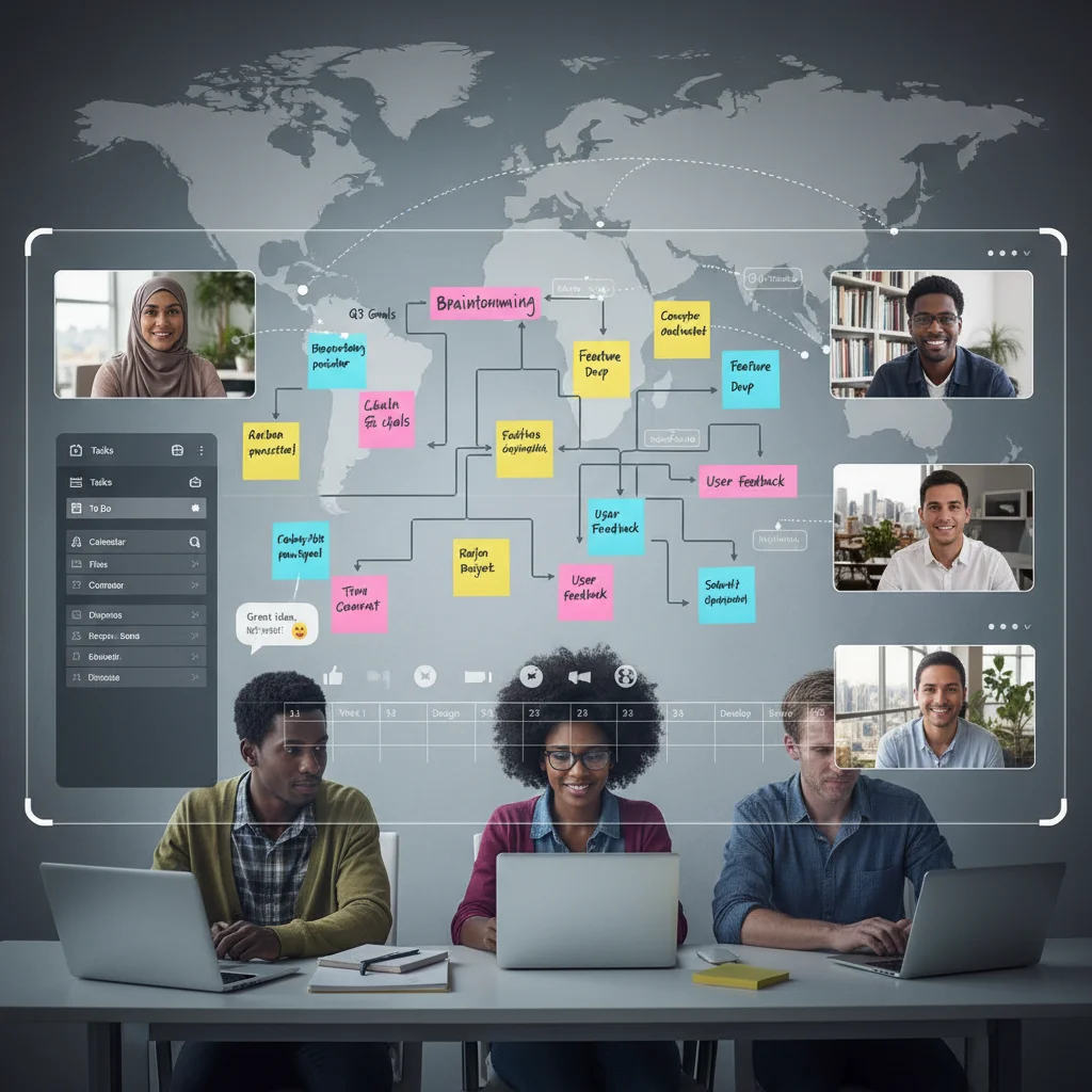 Remote team collaborating on virtual whiteboard with project management app