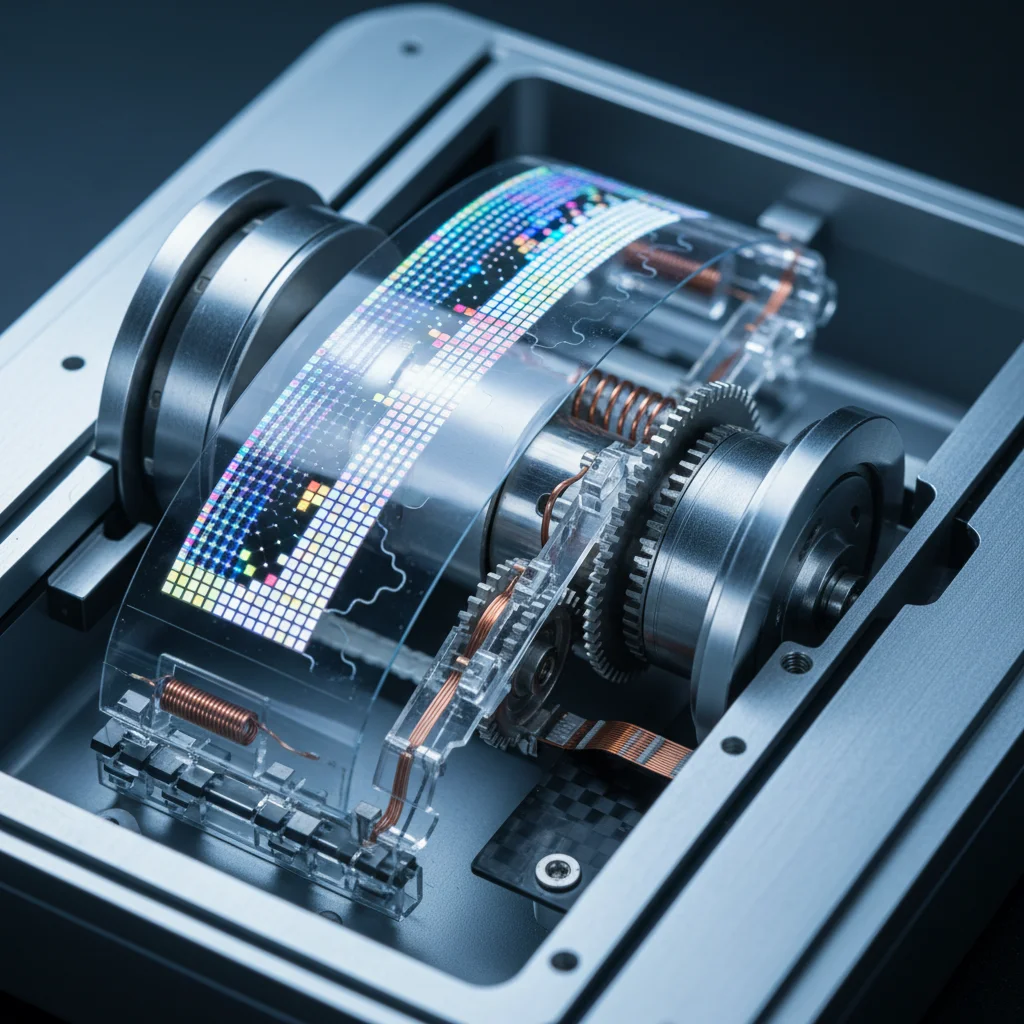 Detailed view of the internal rolling mechanism and flexible OLED panel of a rollable display prototype.