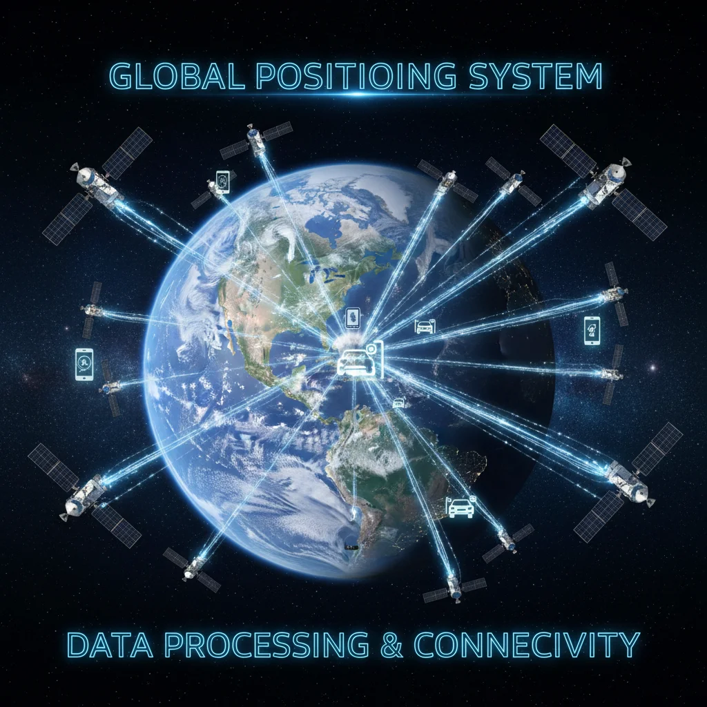 Satellites orbiting Earth, depicting global positioning system infrastructure