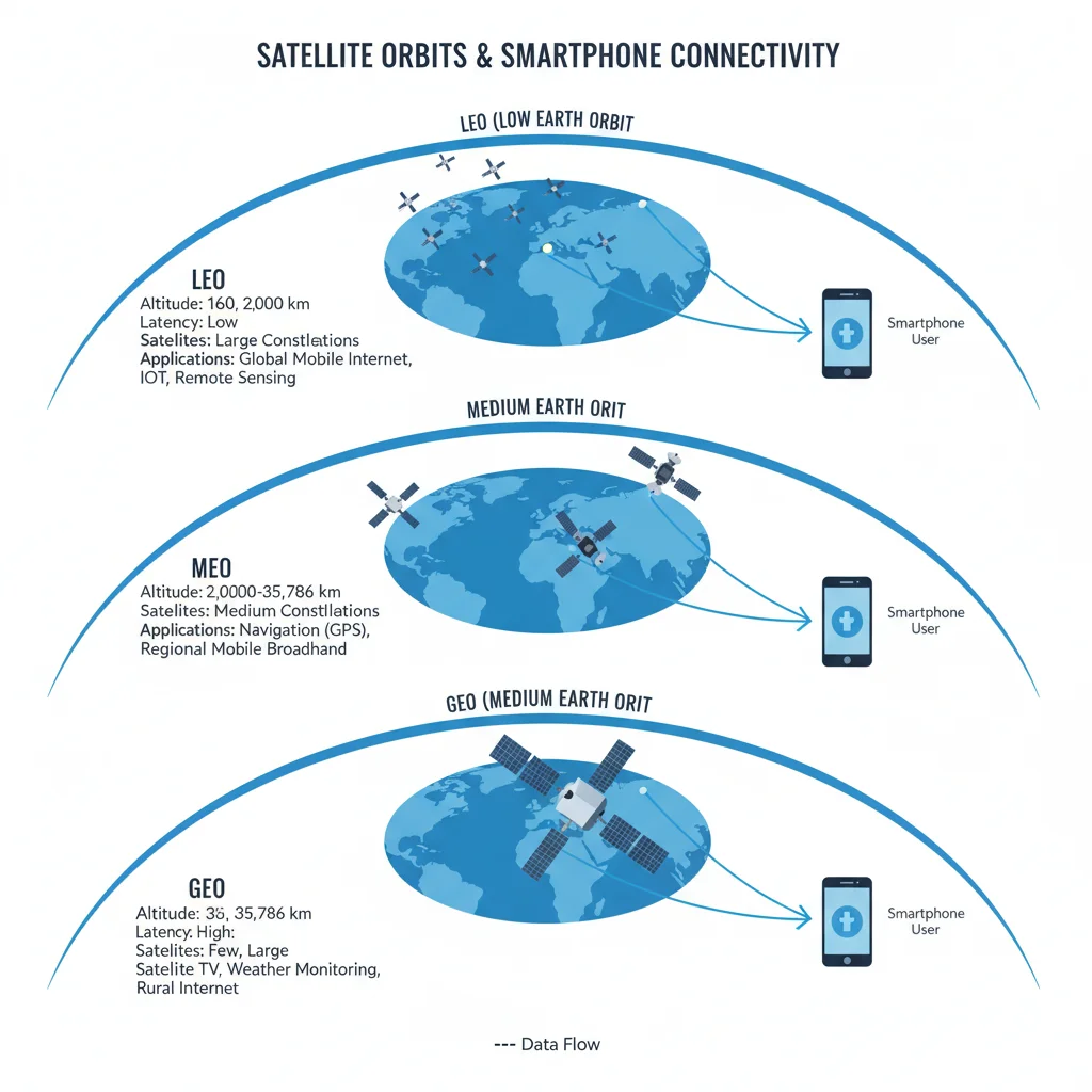 Infographic showing satellite orbits and smartphone connectivity