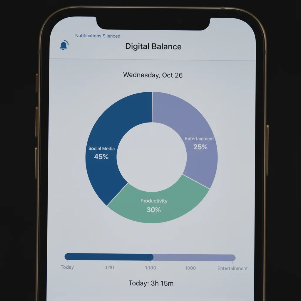 Digital wellness app interface displaying screen time usage breakdown by category, promoting mindful technology use.