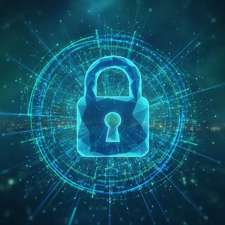 Illustration of a secure digital network with a padlock, representing robust digital privacy enhancements and data protection.