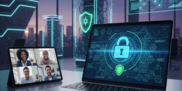 Secure digital workspace with encrypted data and collaborative team in 2026