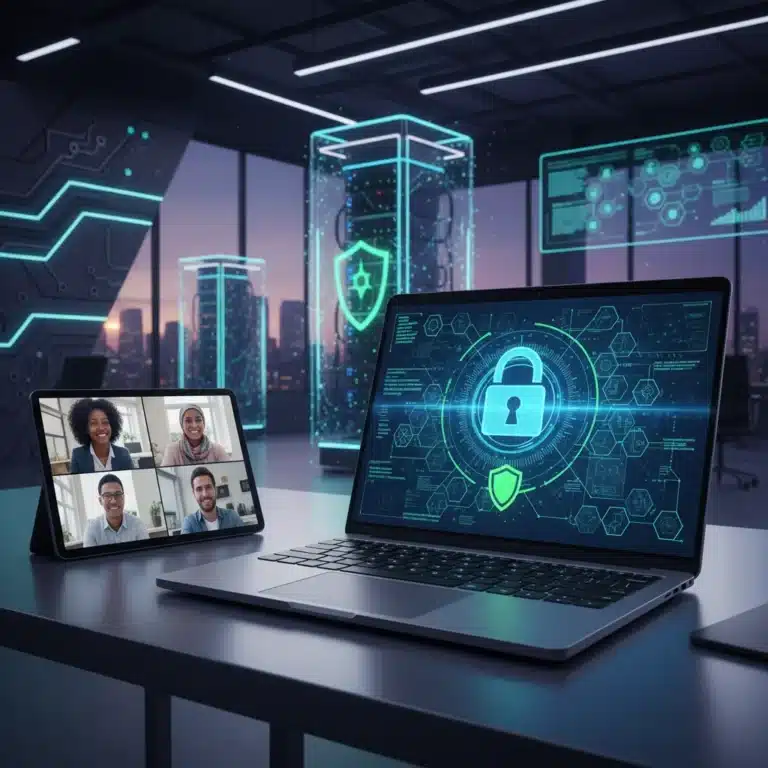 Secure digital workspace with encrypted data and collaborative team in 2026