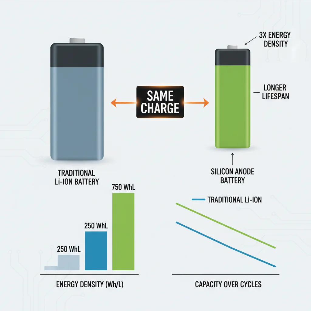 Comparison of lithium-ion and silicon anode battery energy density, emphasizing capacity gains.
