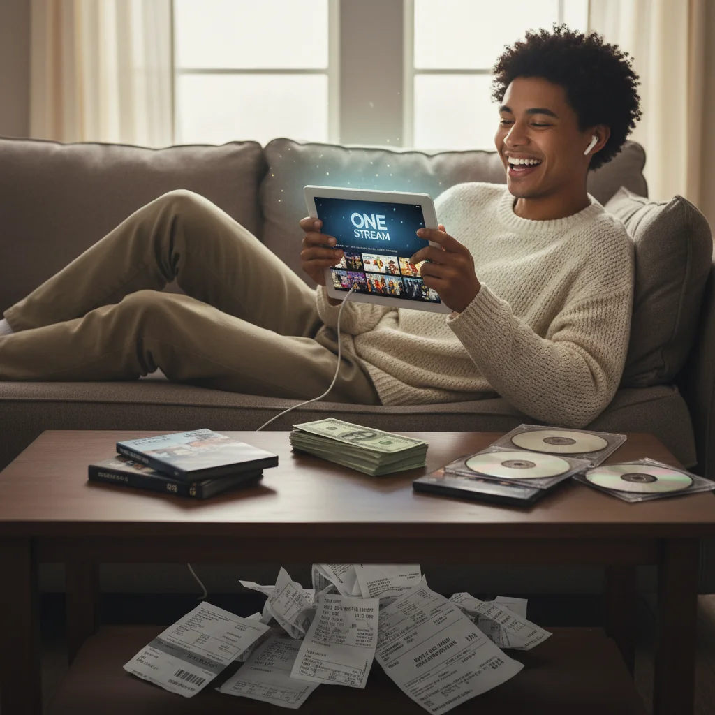 Individual enjoying content on a tablet, representing simplified entertainment consumption and cost reduction.