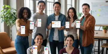 Small business owners using mobile productivity apps in a modern office setting.