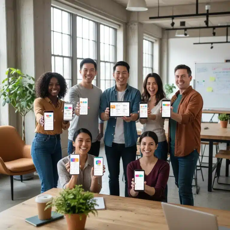Small business owners using mobile productivity apps in a modern office setting.