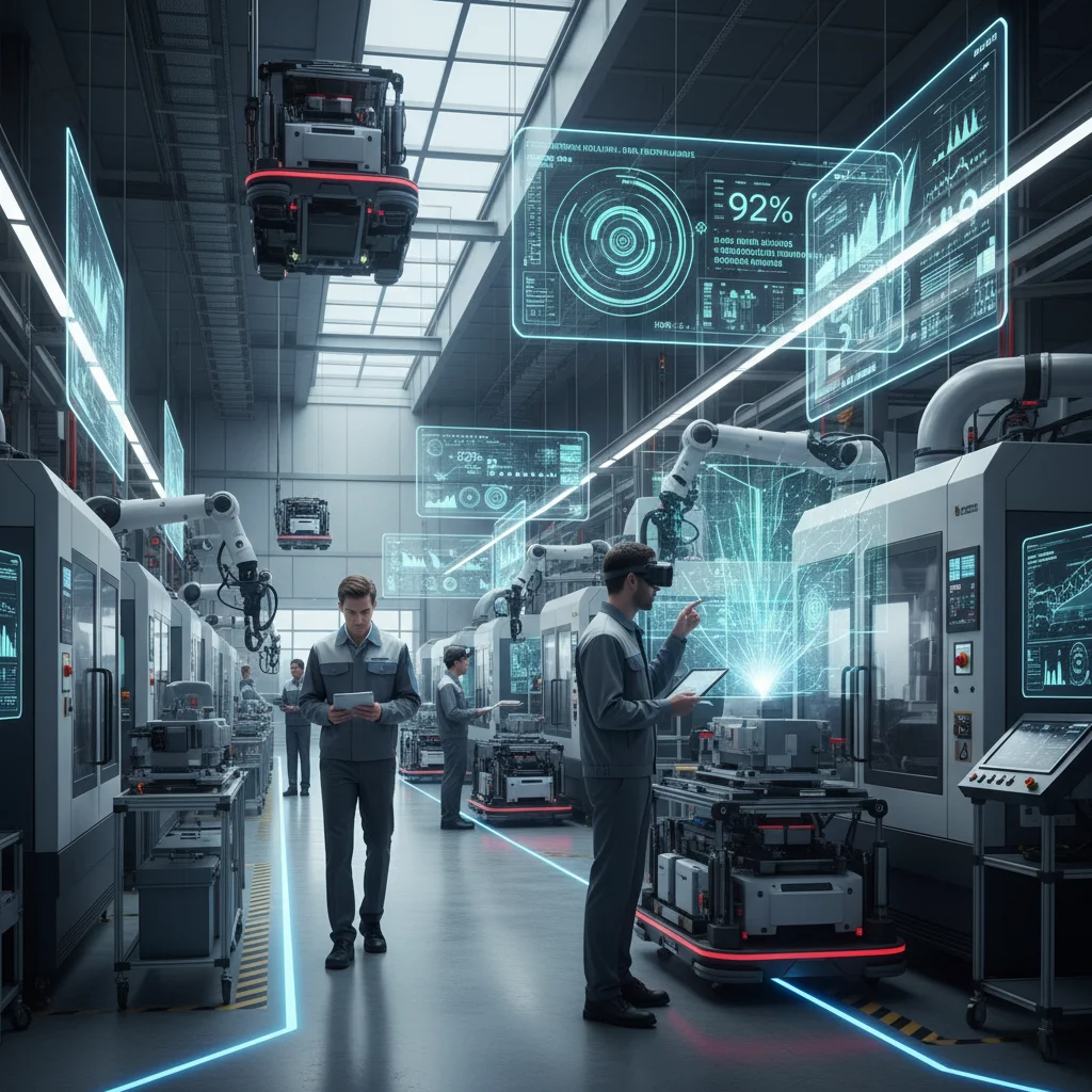 Smart factory with technicians using mobile devices for real-time predictive maintenance.