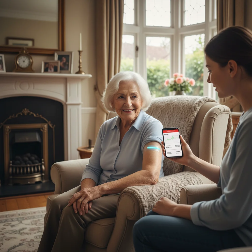 Elderly patient using smart patch for remote health monitoring at home.