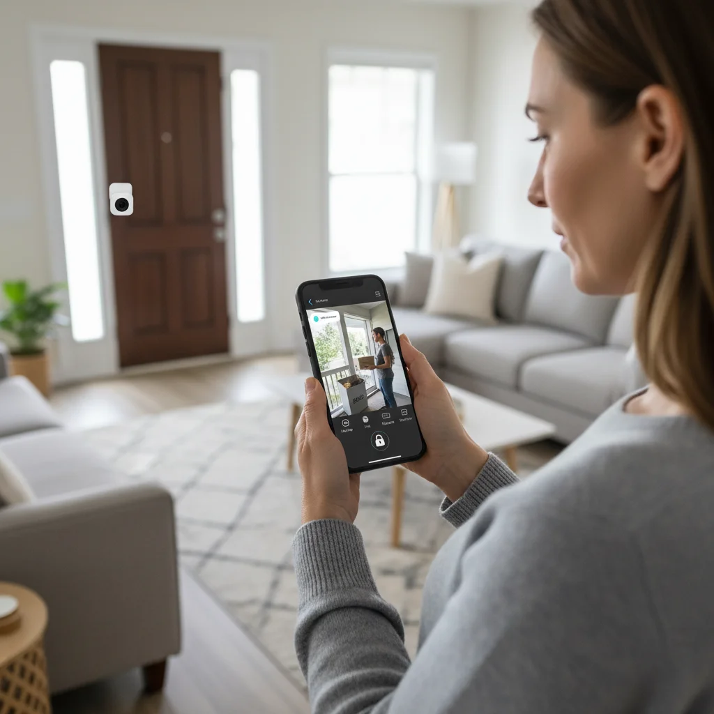 Person monitoring smart security camera feed on smartphone app