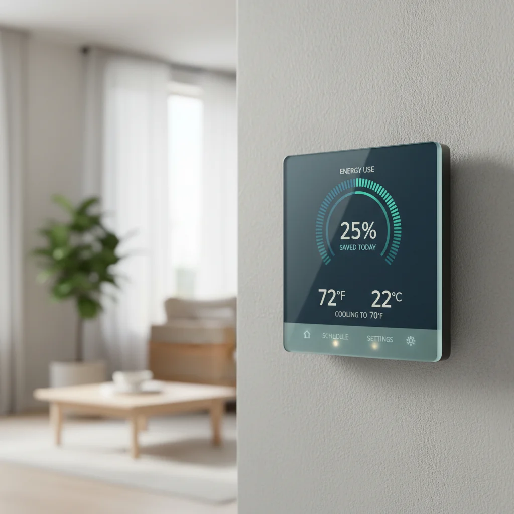 Smart thermostat displaying energy data and temperature settings