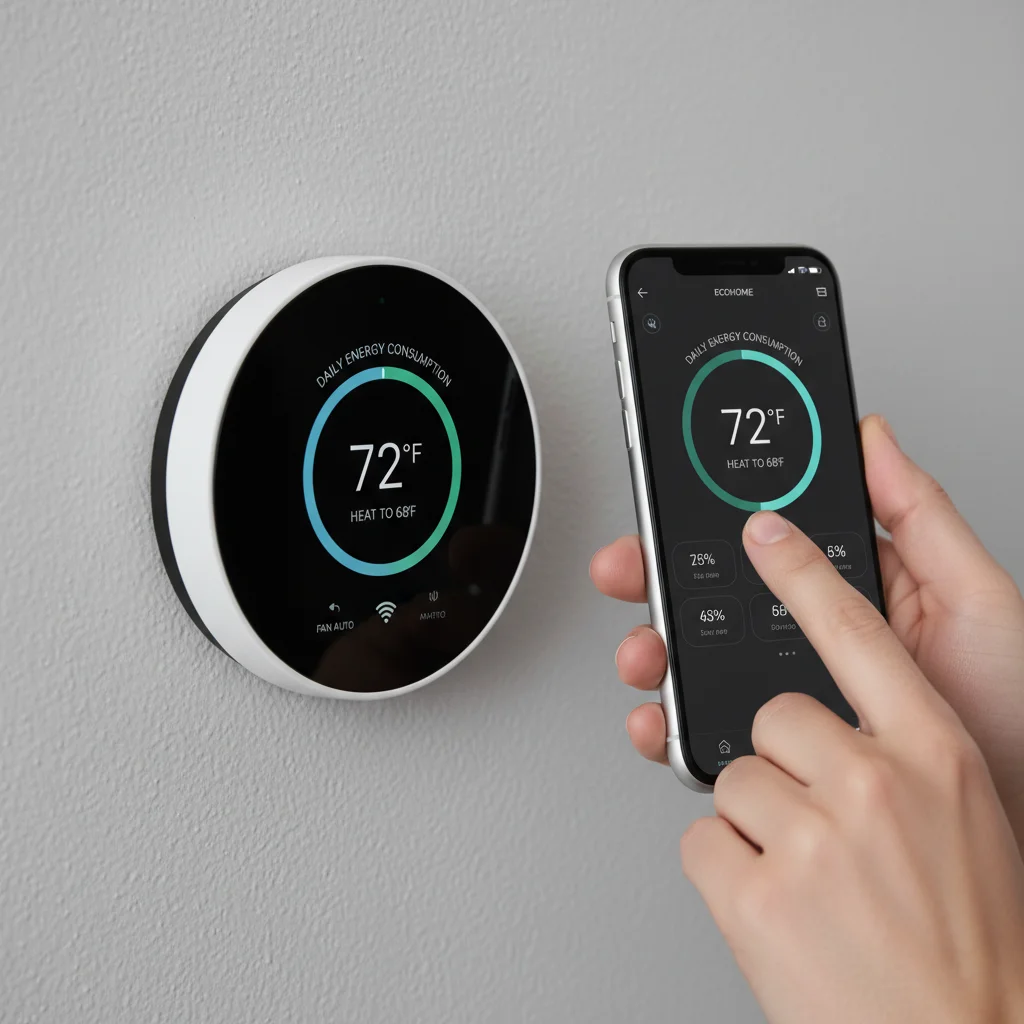Smart thermostat displaying energy data controlled by mobile app