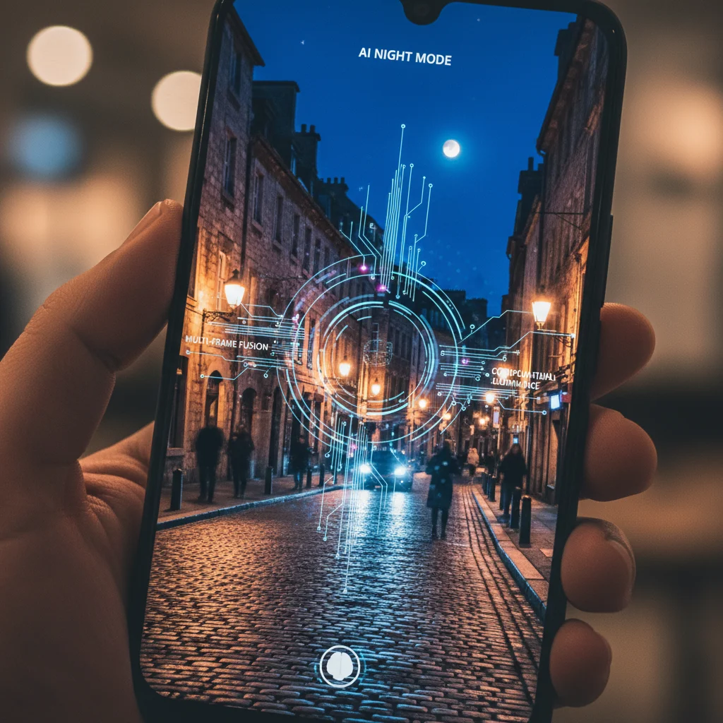 Smartphone displaying a high-quality low-light photo processed by AI