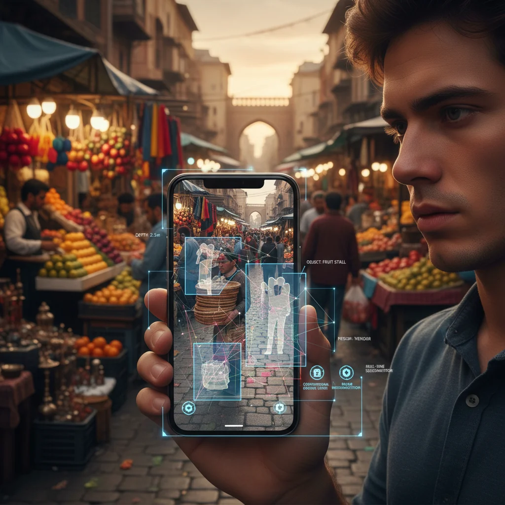 User capturing scene with smartphone showing real-time depth mapping and object segmentation