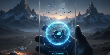 Futuristic smartphone with satellite connection in remote US landscape