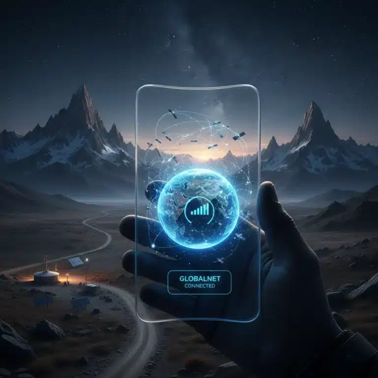 Futuristic smartphone with satellite connection in remote US landscape