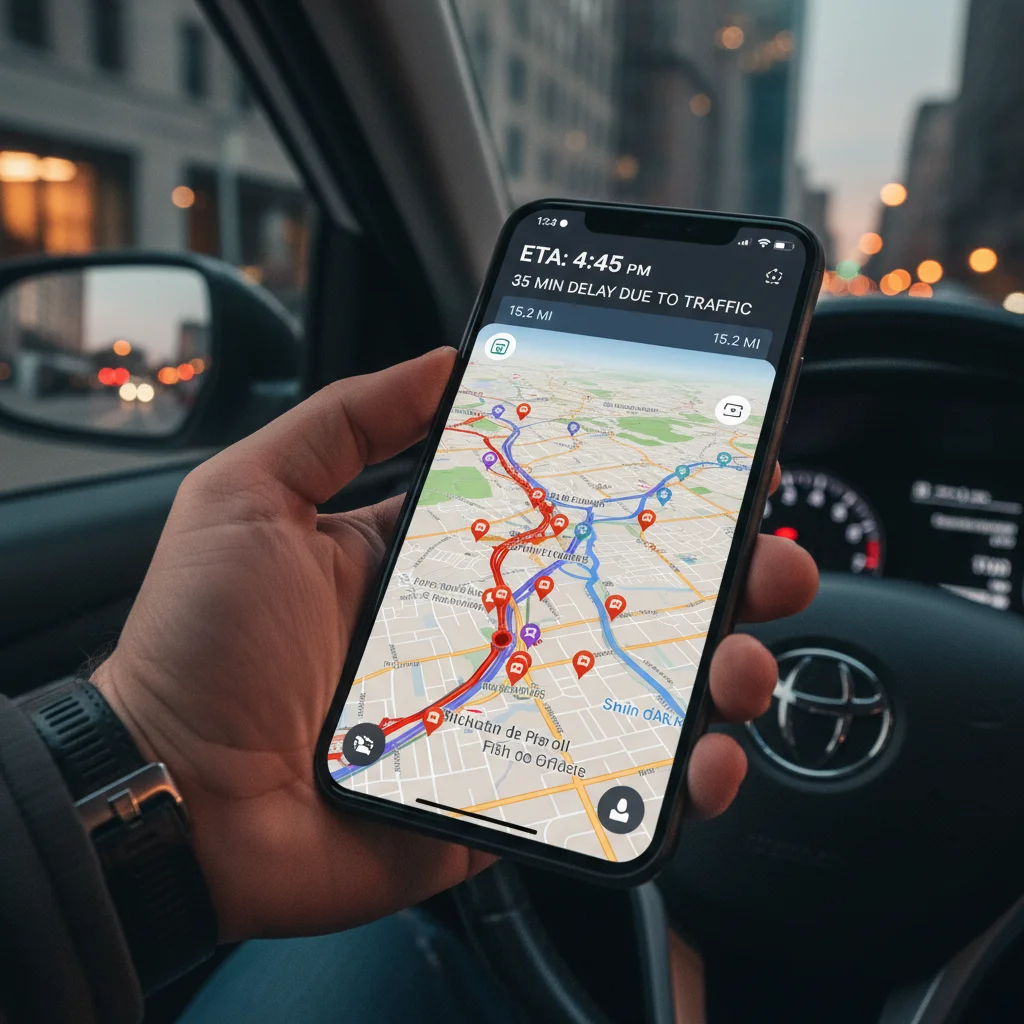 Smartphone displaying real-time urban navigation with traffic updates