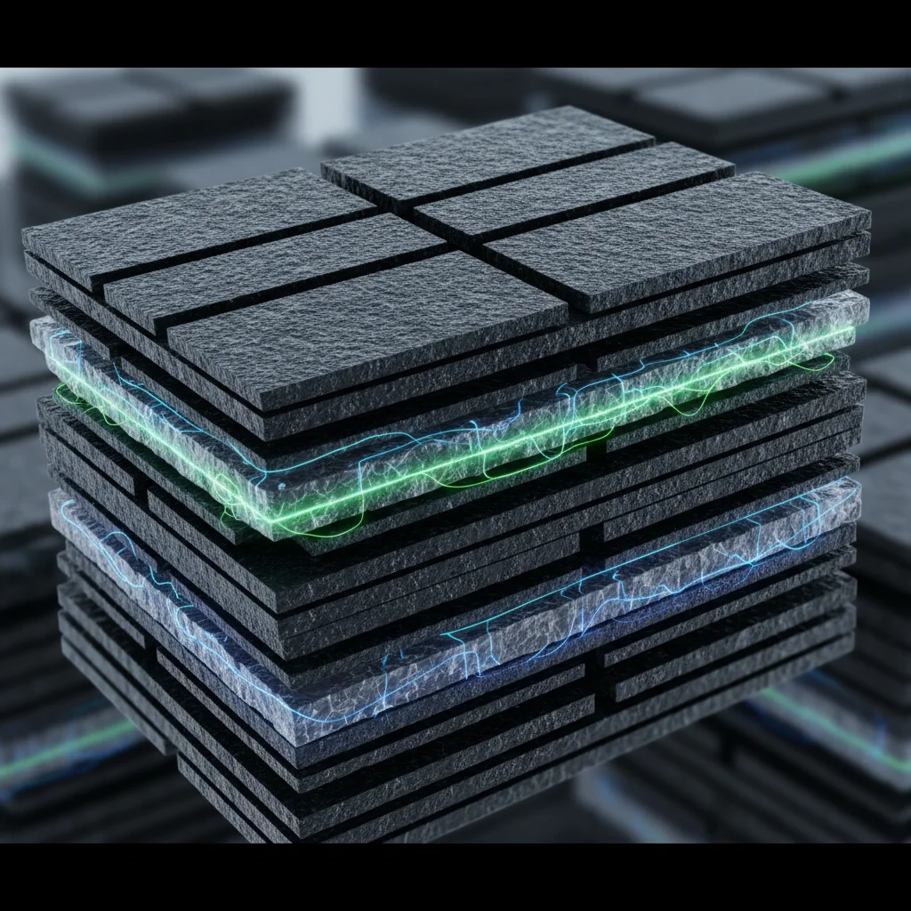 Microscopic view of solid-state battery structure, demonstrating advanced energy storage.