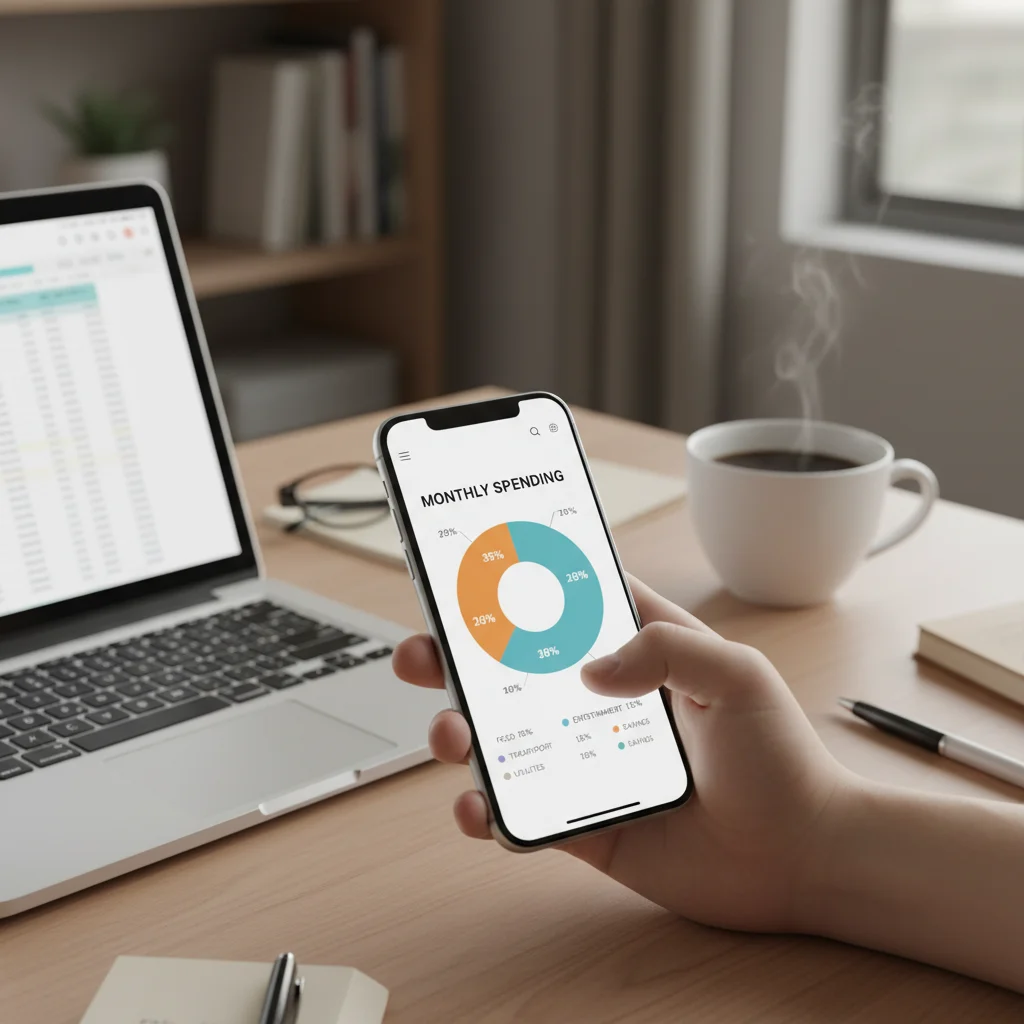 User analyzing spending categories on an expense tracker app to identify areas for savings.
