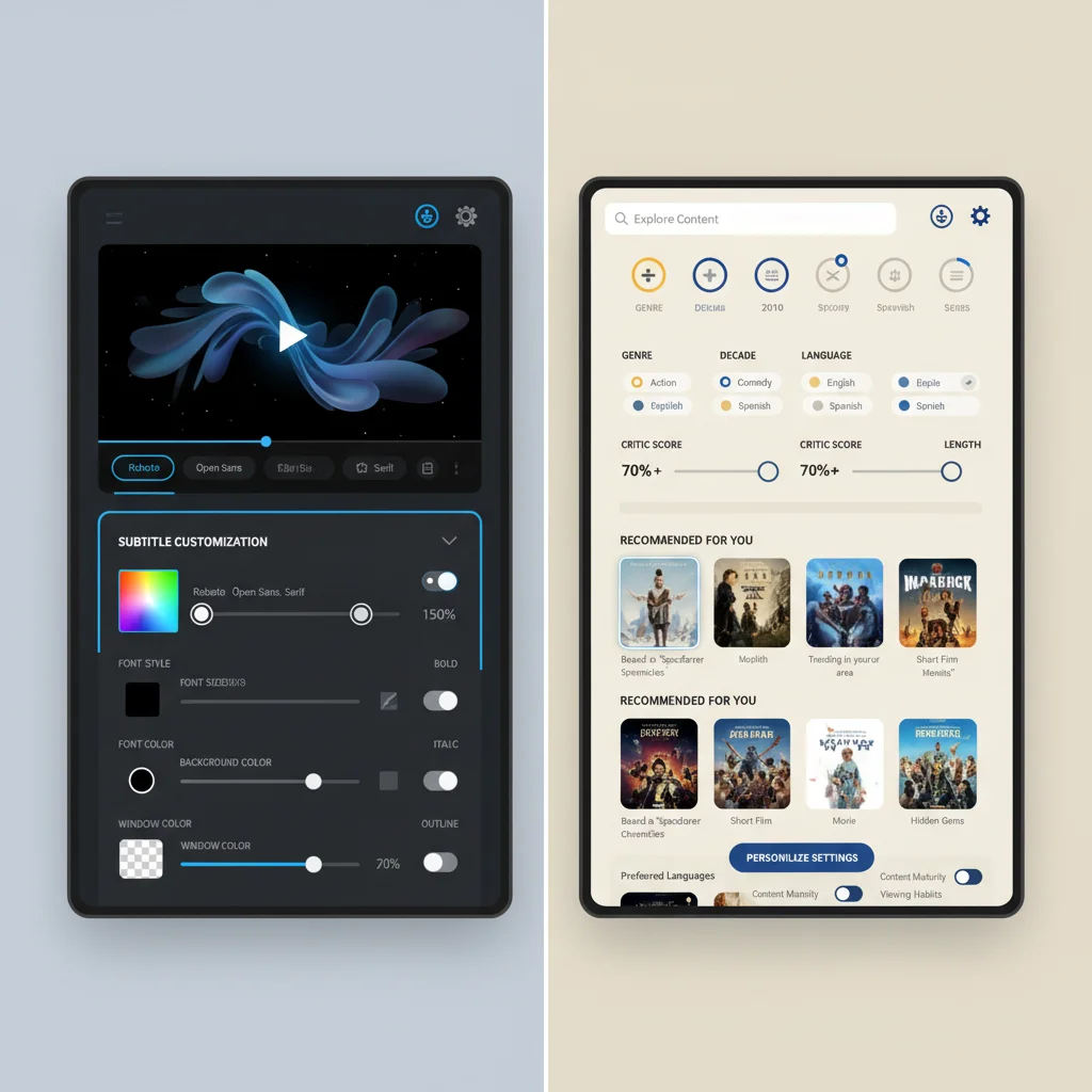 Comparison of advanced subtitle and content discovery settings in two popular streaming applications.