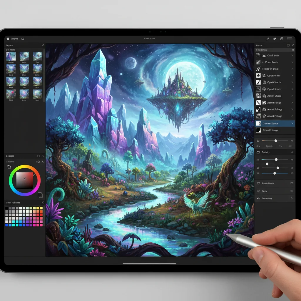 Artist using a stylus on a tablet to create a detailed digital landscape within a mobile art application.