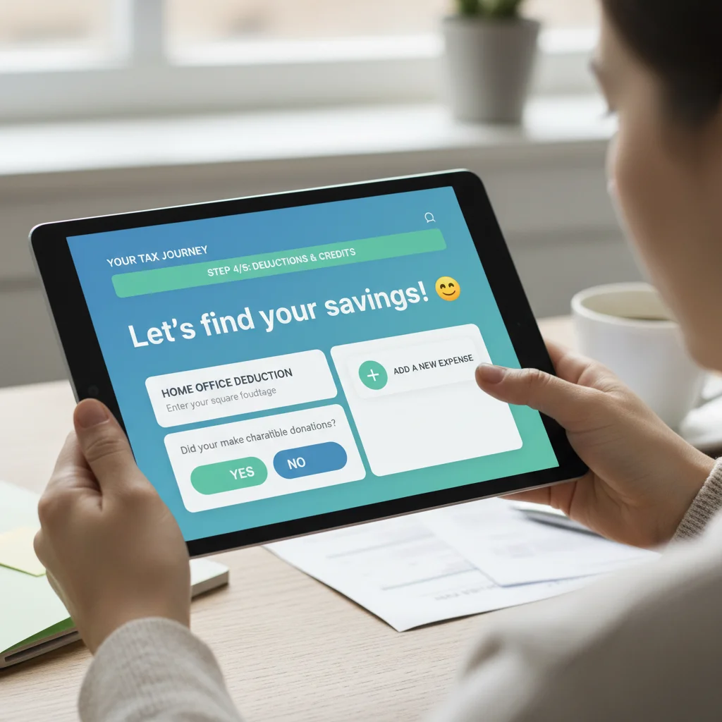 Hands using a tablet for tax preparation, showing a simple and guided interface.