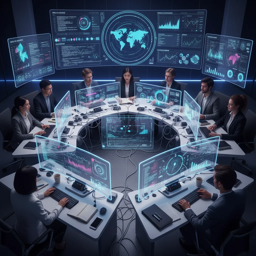 Diverse team collaborating with real-time AI insights on screens.