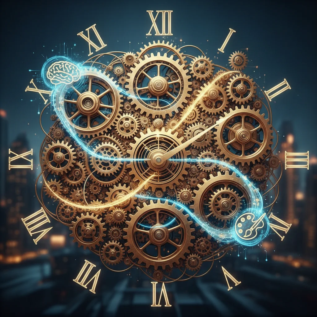 Intricate clock gears symbolizing efficient time management and workflow optimization for creativity