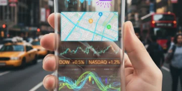 Transparent flexible smartphone displaying augmented reality in a city.