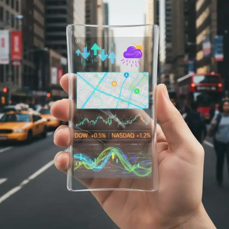 Transparent flexible smartphone displaying augmented reality in a city.
