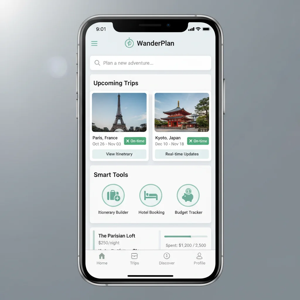 Screenshot of a travel planning app showing itinerary, flight details, and budget features.