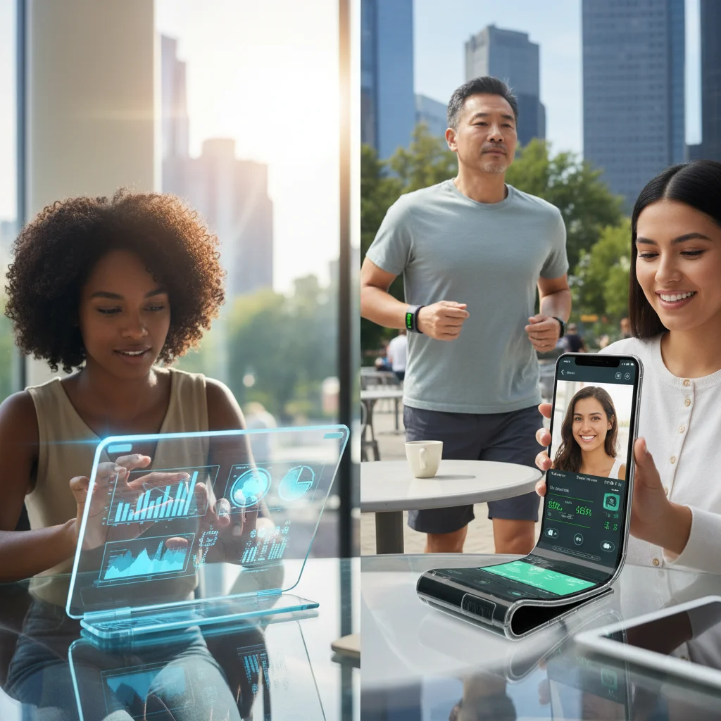 US consumers interacting with flexible and transparent mobile devices.