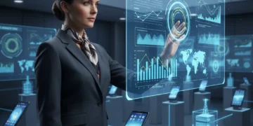 US professional interacting with mobile edge computing data on a holographic display.