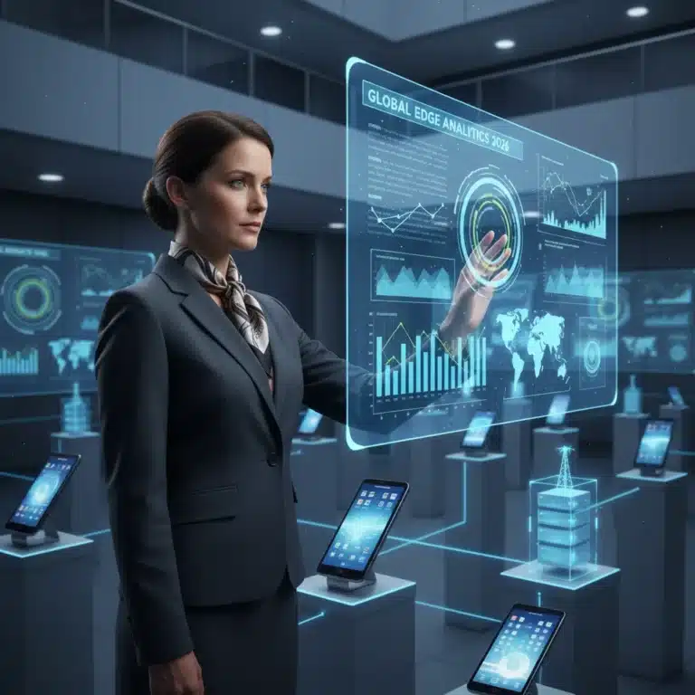 US professional interacting with mobile edge computing data on a holographic display.