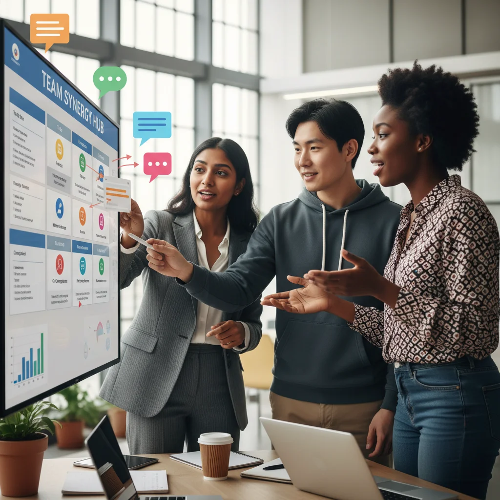 US team collaboration, remote and in-office, using project management software.