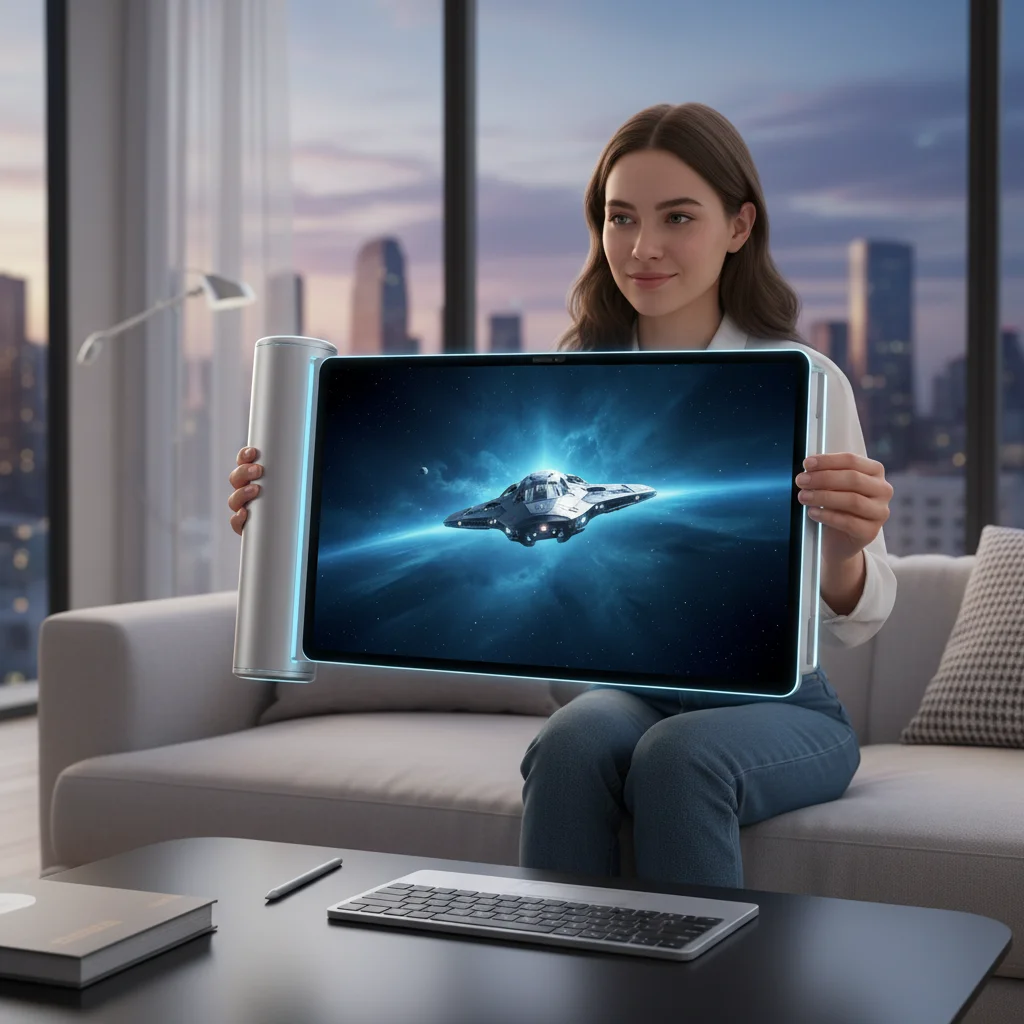 User unrolling a flexible tablet display to watch a video, illustrating the expanded screen real estate.