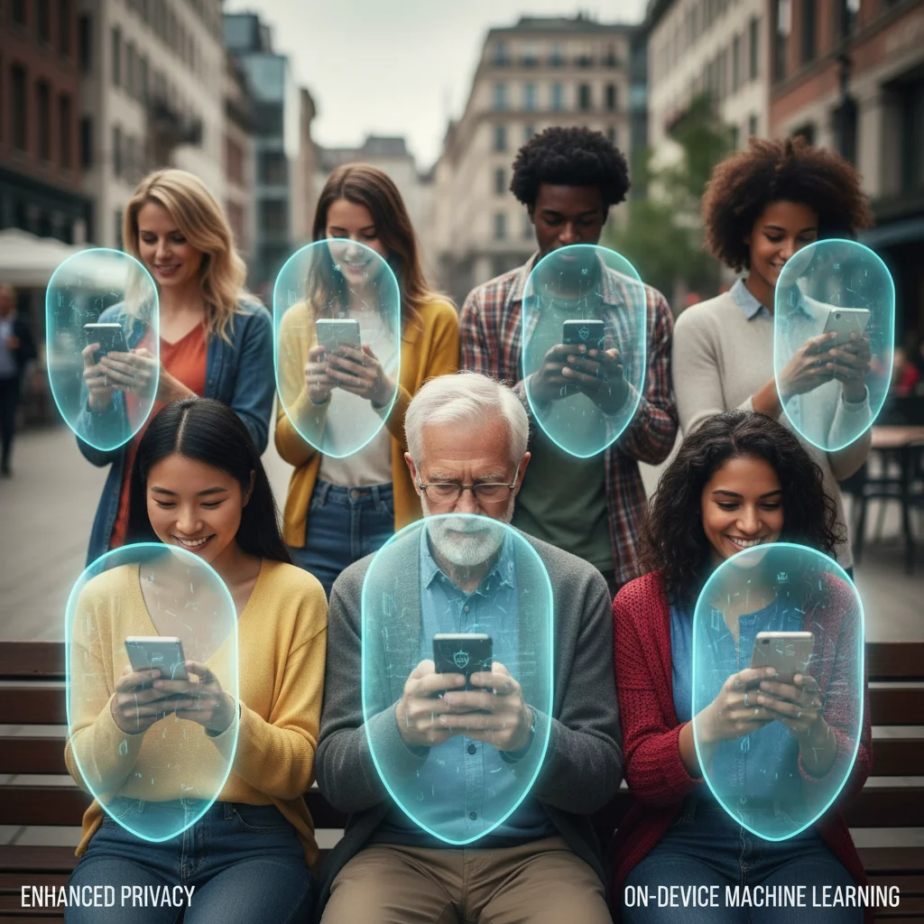 Diverse smartphone users benefiting from enhanced privacy shields through on-device machine learning.