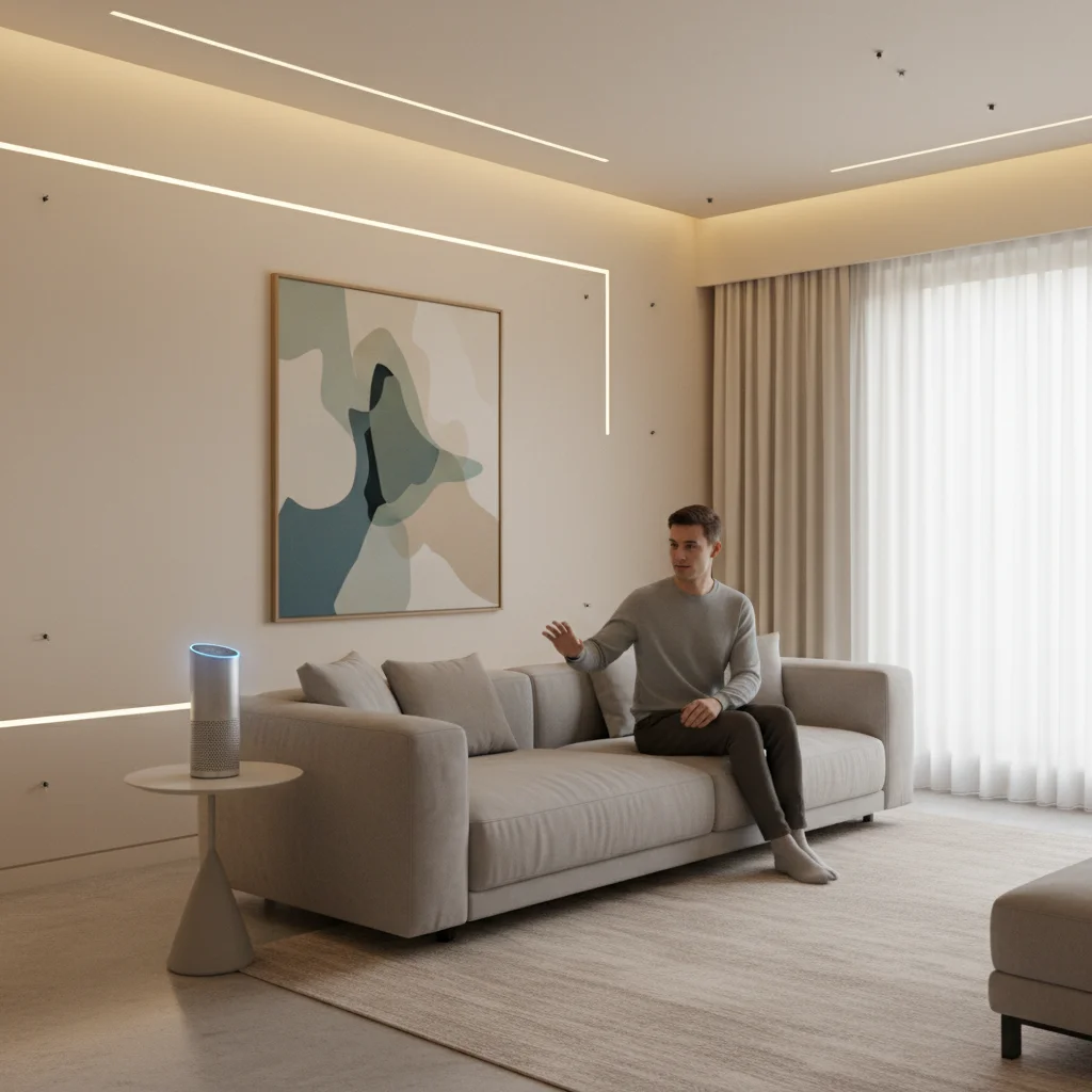 Person interacting with virtual assistant in a sensor-enhanced smart living room