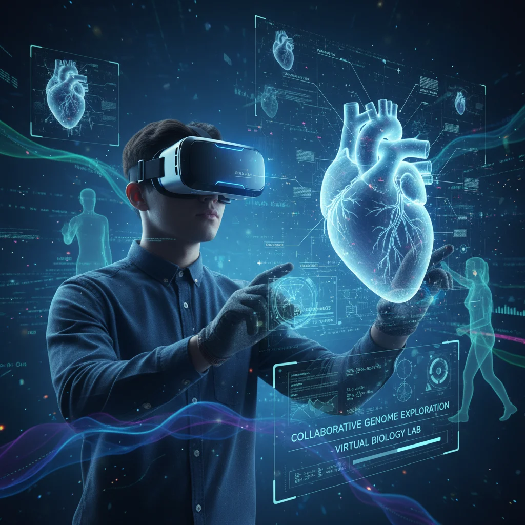 Student in VR goggles exploring an interactive virtual reality learning environment