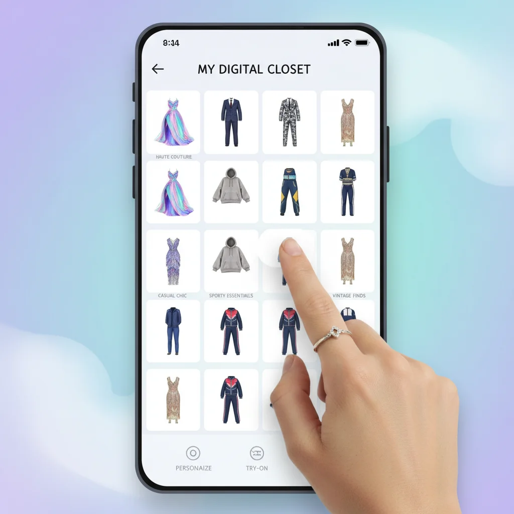 Mobile app displaying a virtual wardrobe with various digital garments for selection and styling.