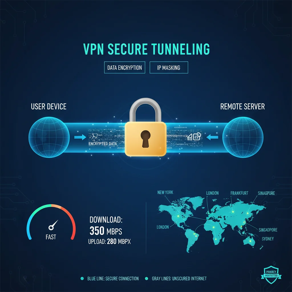 Infographic illustrating VPN data encryption and secure network tunneling.
