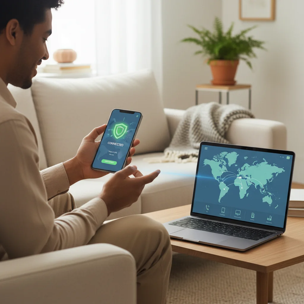 User enjoying seamless internet access on multiple devices with a top VPN app.