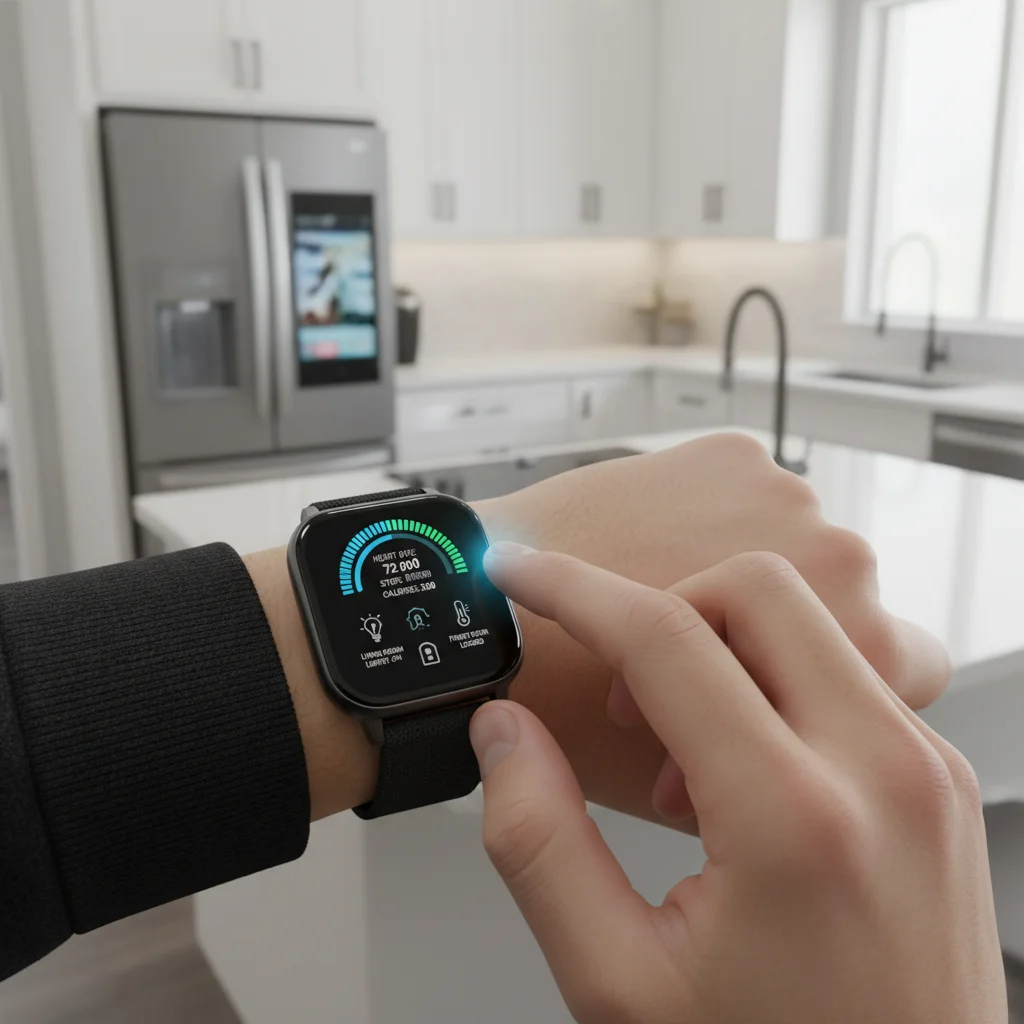 Smartwatch displaying health data and controlling smart home devices in a modern kitchen.