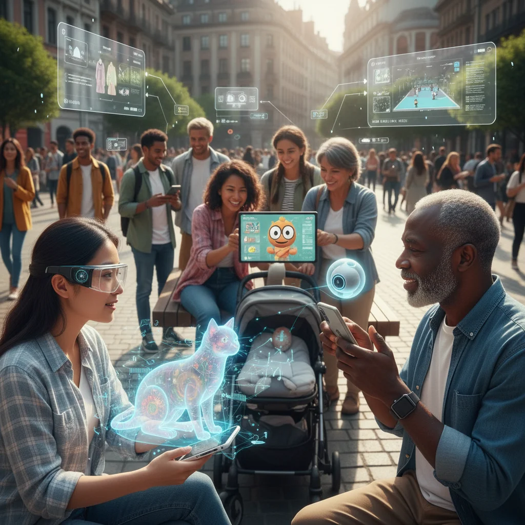 Diverse individuals interacting with AI companions on multiple devices, showcasing broad accessibility.
