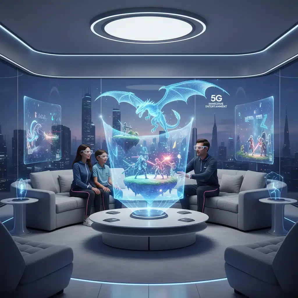 Family enjoying augmented reality entertainment in a smart home powered by 5G.