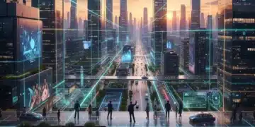 Futuristic cityscape with 5G network overlay, symbolizing advanced digital connectivity in the U.S.