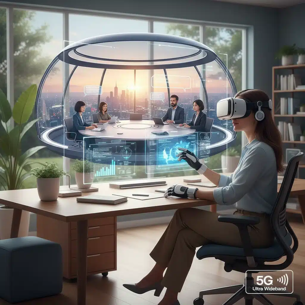 Remote worker in VR meeting, showcasing 5G enhanced productivity and collaboration.