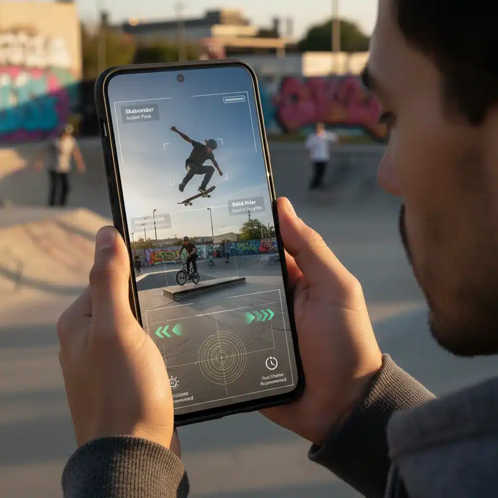User leveraging AI and AR for intelligent mobile photography framing and object recognition.