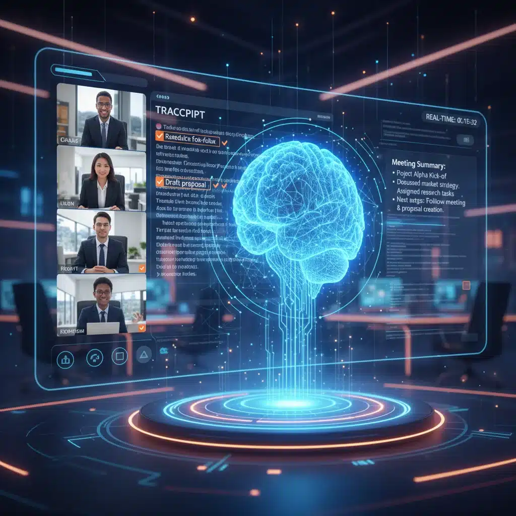 AI assistant transcribing and summarizing a virtual meeting efficiently
